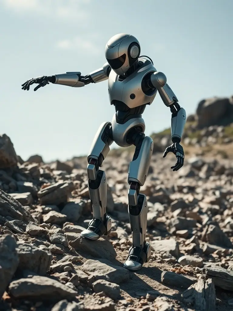A humanoid robot, Atlas by Boston Dynamics, performing a balancing act on uneven terrain, showcasing its advanced stability and agility in a dynamic environment.