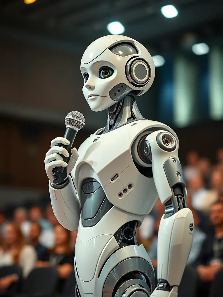 A humanoid robot, Sophia, participating in a public speaking event, demonstrating her realistic appearance, conversational abilities, and ability to engage with an audience.
