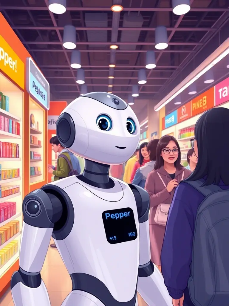 A humanoid robot, Pepper, engaging with customers in a retail store, showcasing its ability to recognize faces, interpret emotions, and provide personalized assistance.