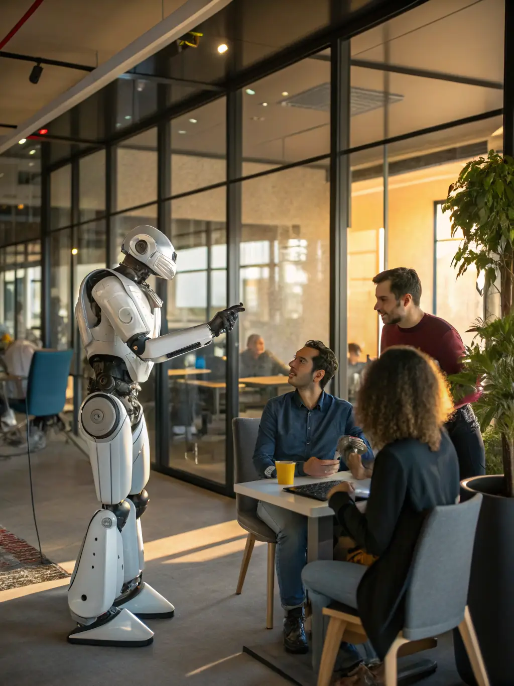 A humanoid robot, ASIMO by Honda, interacting with a group of people in a customer service setting, demonstrating its ability to assist and engage with humans.